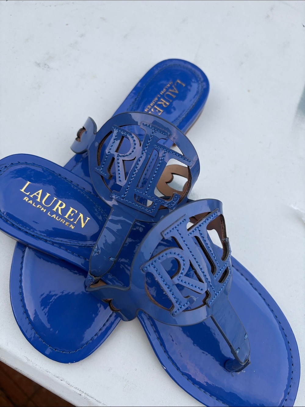 Lauren Ralph Lauren Royal Blue Patent RL Logo Thong Sandals